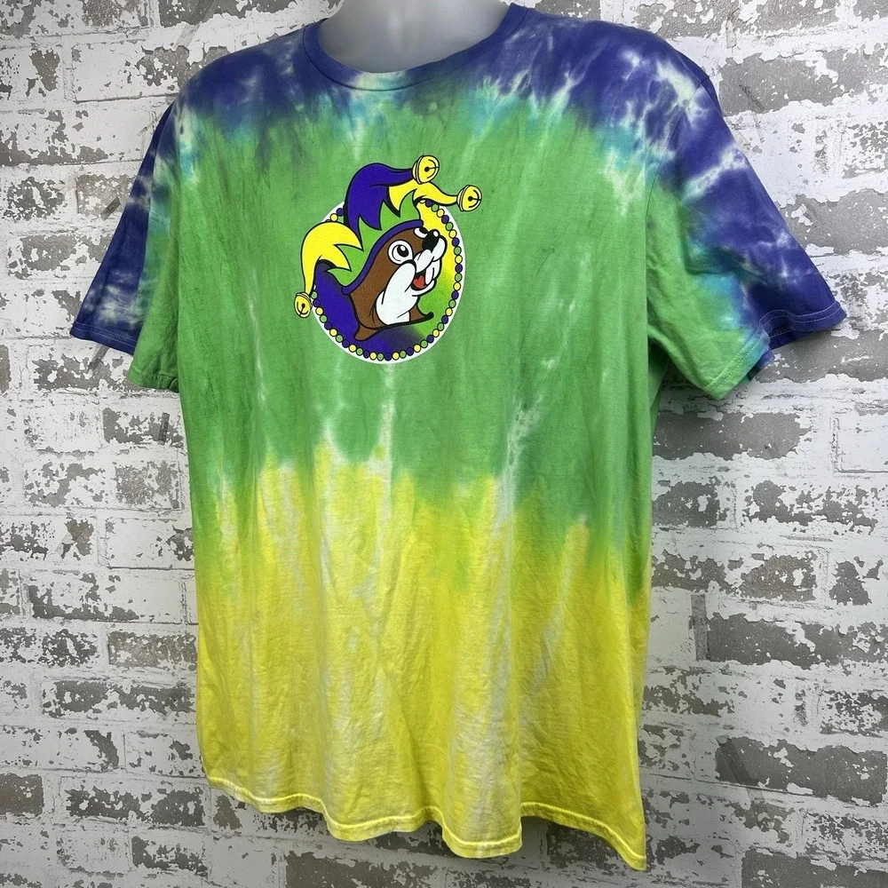 Buc-ee's Peace Love Mardi Gras T Shirt XL Tie Dye Blue Green Yellow New Orleans - Picture 2 of 12